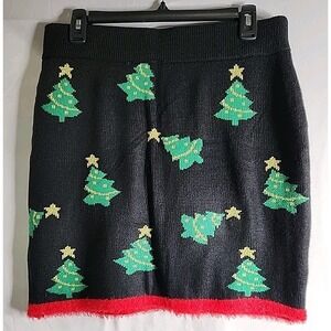 Holiday Knit Mini Skirt Large Black Gold & Green Christmas Trees Red Fuzzy Hem